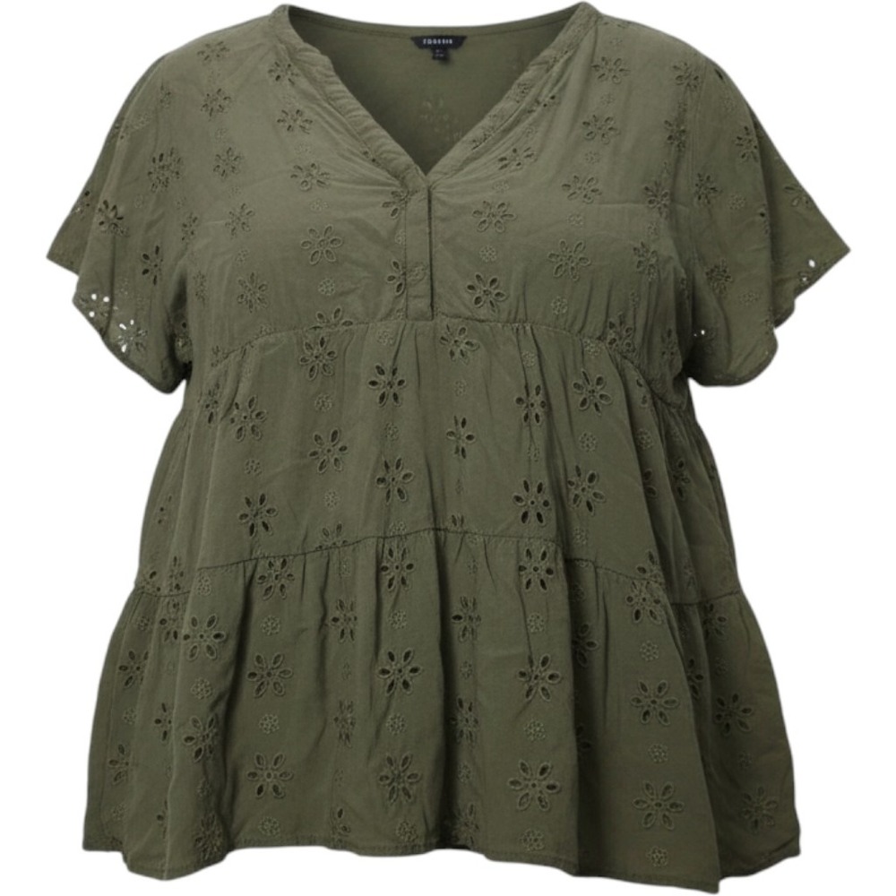 Torrid 4X Olive Green Eyelet Babydoll Blouse Cottagecore Fairycore Peplum Blouse